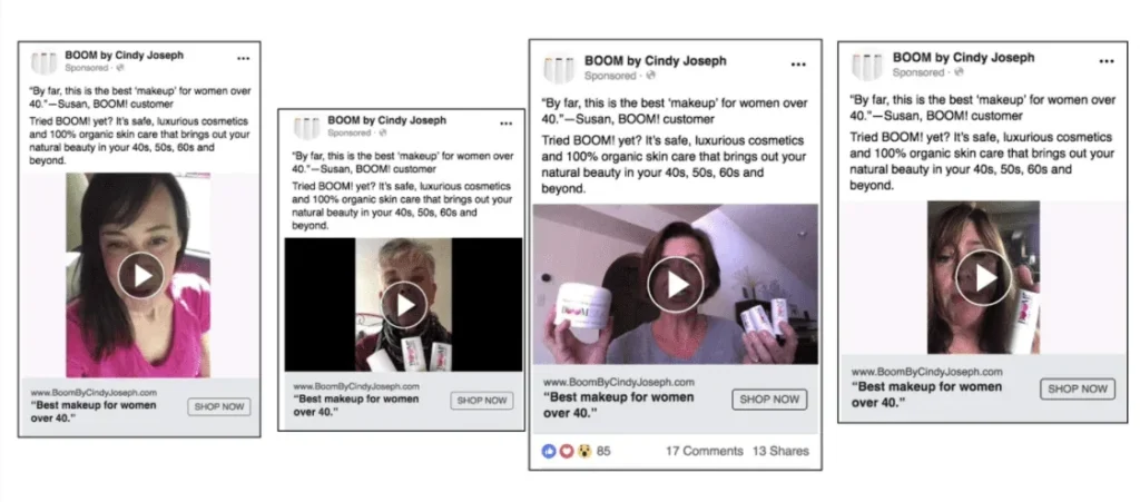 Facebook showing ads from BOOM! By Cindy Joseph that include user-generated content.