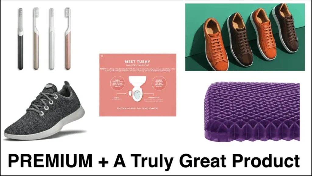 product images from Quip, Allbirds, Tushy, Purple Mattress and M.Gemi