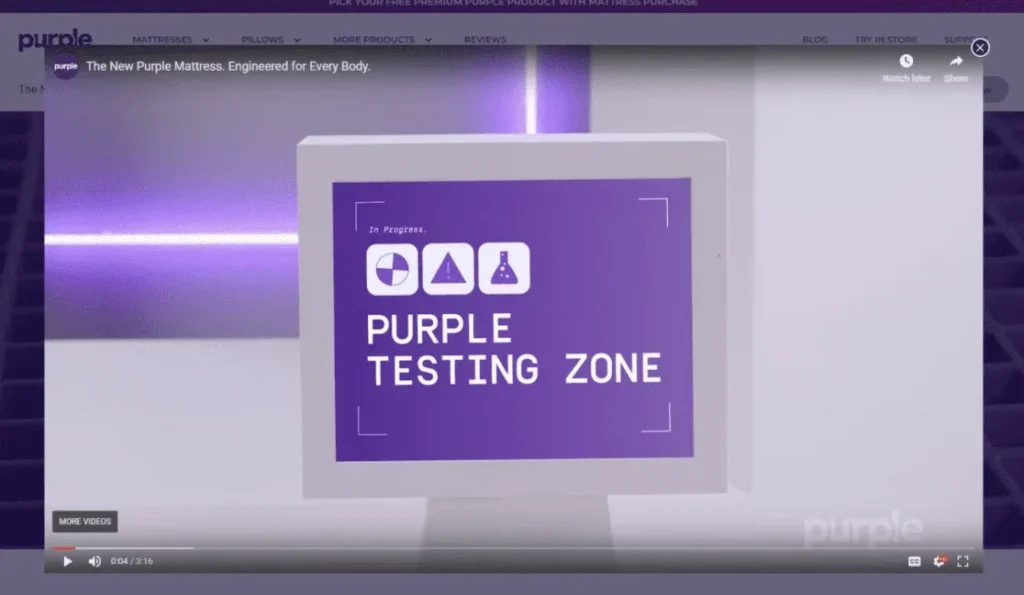 Example of a brand showcasing videos in their product carousel, from Purple Mattress.