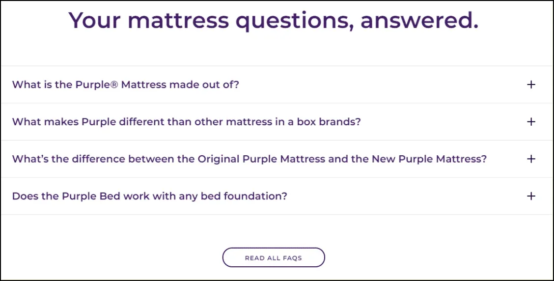Example of frequently asked question website section.