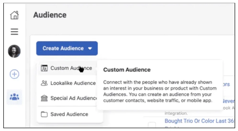 Finding "Custom Audiences" in Facebook Ads Manager.