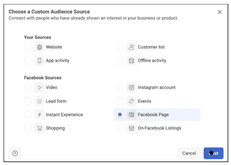 Choosing a "Custom Audience Source" in Facebook Ads Manager.