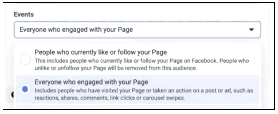 Choosing "Events" that define your audience segment in Facebook Ads Manager.