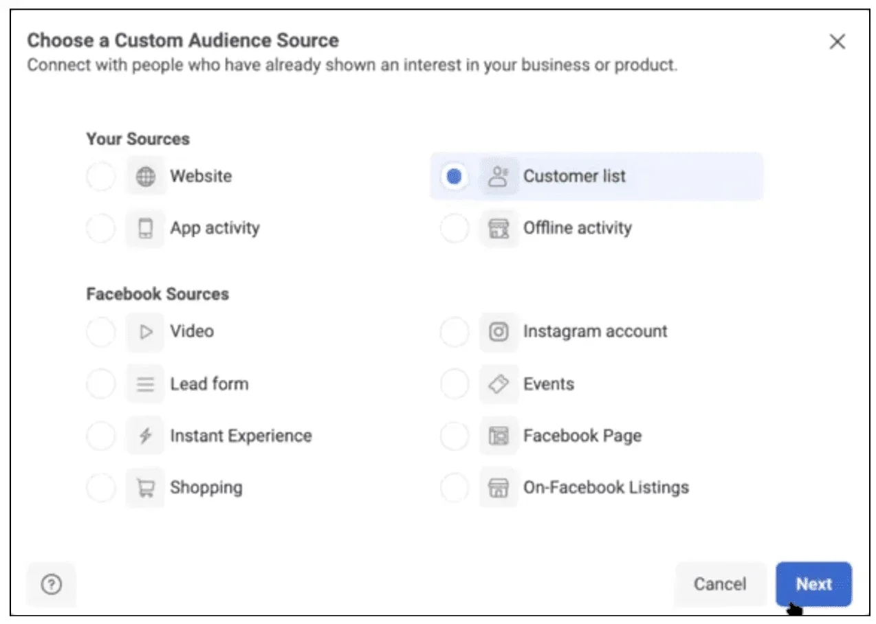 Selecting "Customer list" as audience source for a custom audience in Facebook Ads Manager.