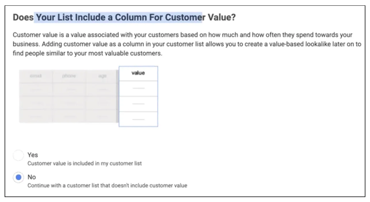 Indicating whether your customer list includes a "Value" column in Facebook Ads Manager.