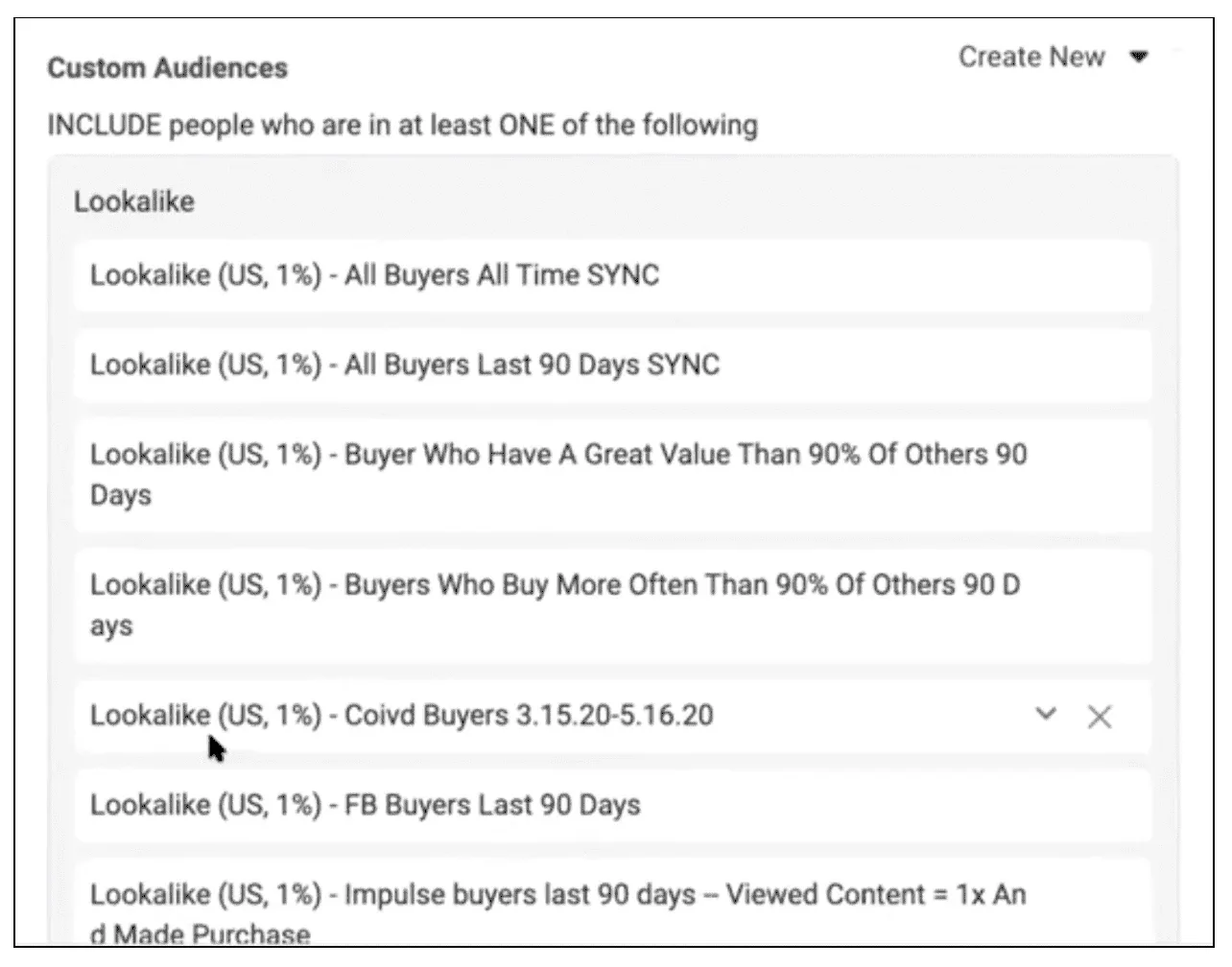 A list of different customer segments you can use to create lookalike audiences in Facebook Ads Manager.