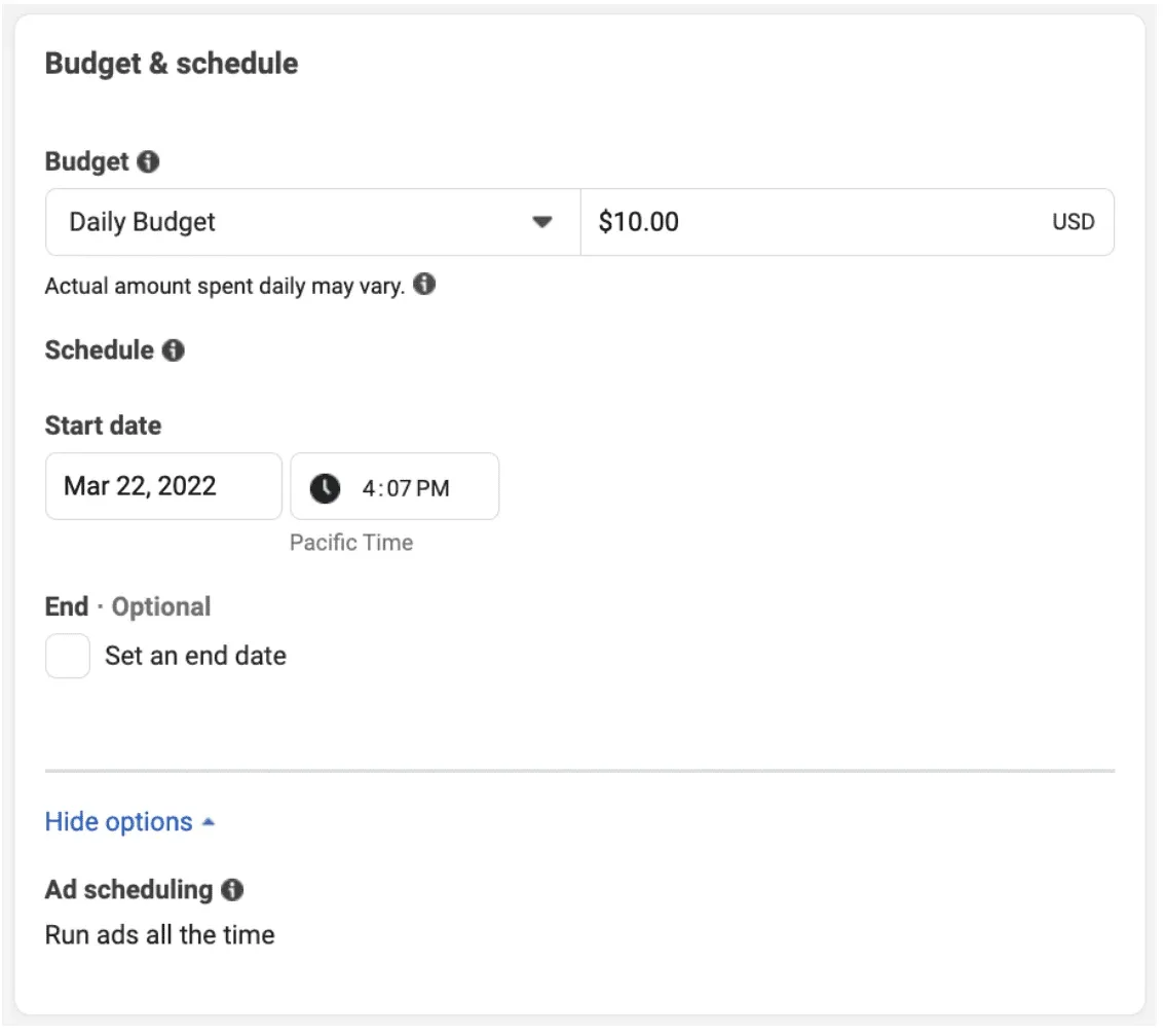 Budget & schedule form with the daily budget set to $10 and schedule set to the current time.