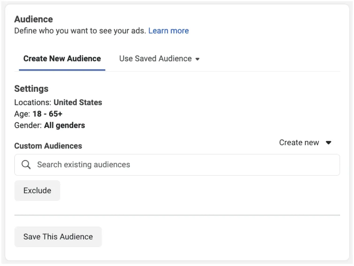 Audience form showing search bar to search existing audiences.