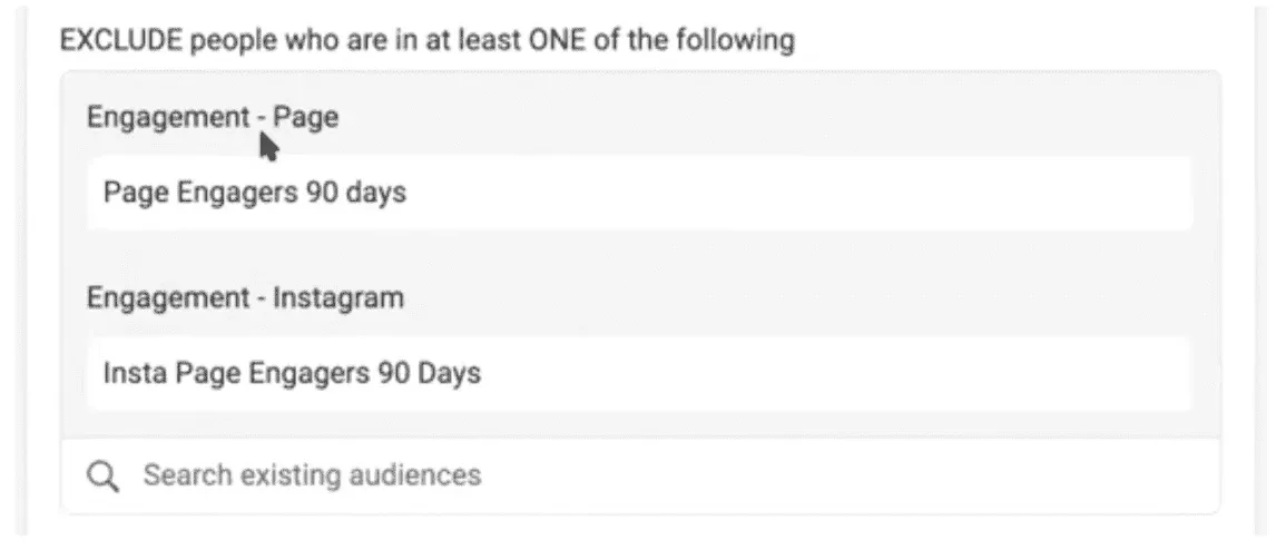 Two customer lists are excluded by searching existing audiences: Page Engagers 90 days and Insta Page Engagers 90 Days.