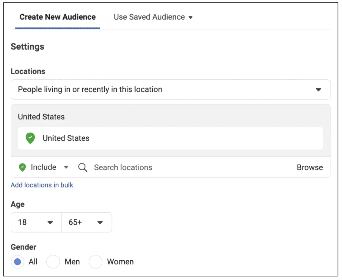 Audience filter options of location, age and gender are shown in the form to Create New Audiences