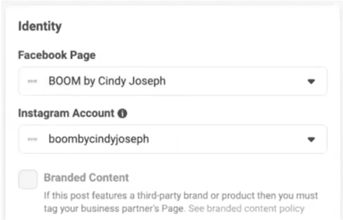 In the Identity form the Facebook page is connected to BOOM by Cindy Joseph, and the Instagram account is connected to Boombycindyjoseph.