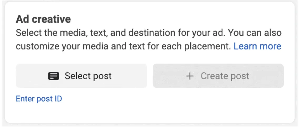 Ad creative form is shown with a button to select post.
