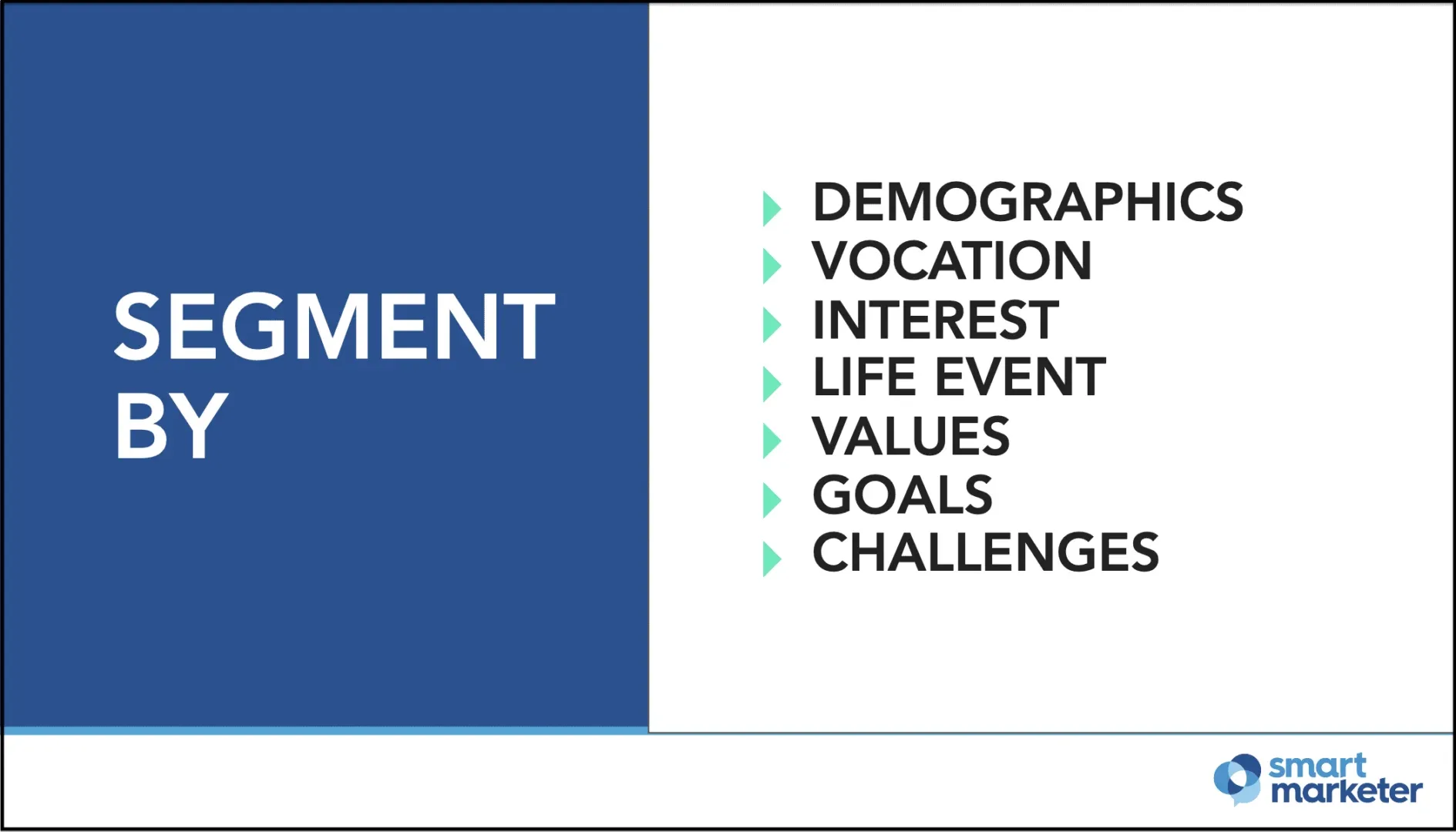 A digital image with "Segment by" on the left and a list on the right that says "Demographics, vocation, interest, life event, values, goals, challenges".