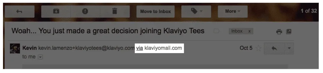 A screenshot of an email coming from a Klaviyo user. The text "via klaviyomail.com" is highlighted.