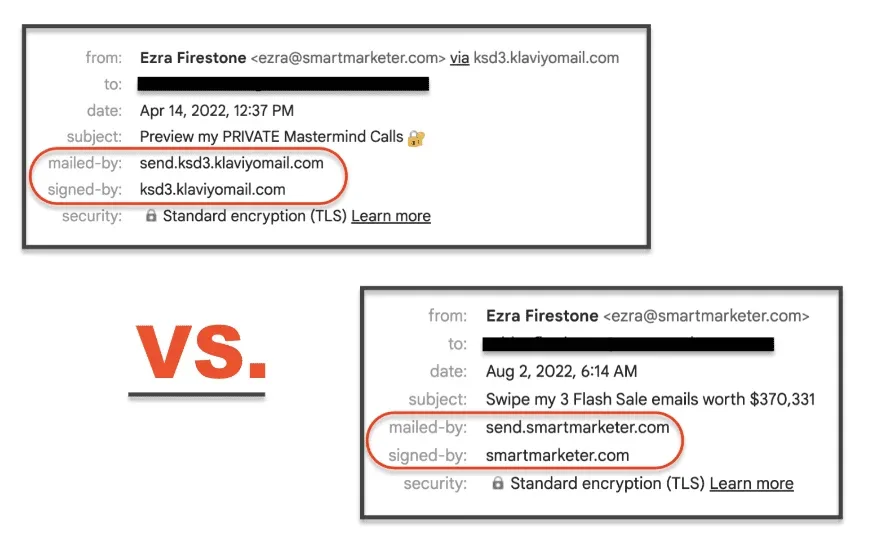 A screenshot comparing an email sent from a shared sending domain to an email from a dedicated sending domain.