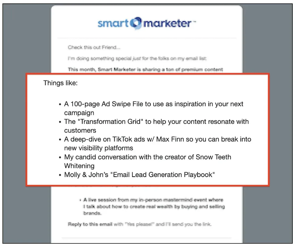 A highlighted section of a Smart Marketer email previewing the content in their warming sequence.