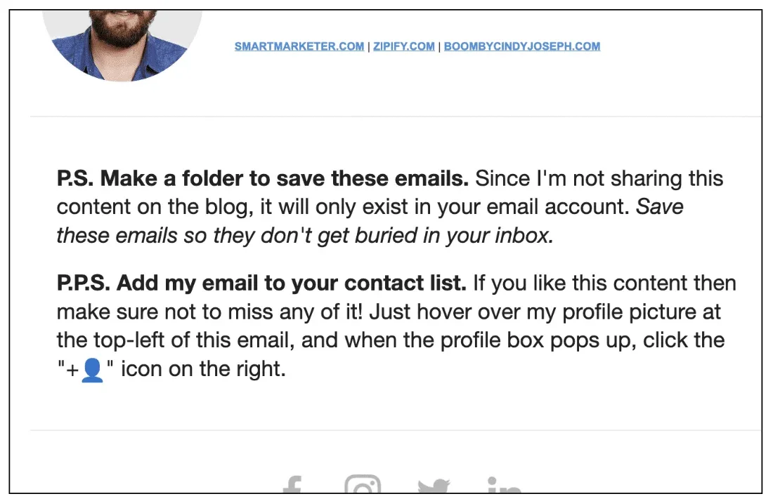 A highlighted section of a Smart Marketer warming email asking the reader to save the emails to a folder and add Smart Marketer's info to their contacts.