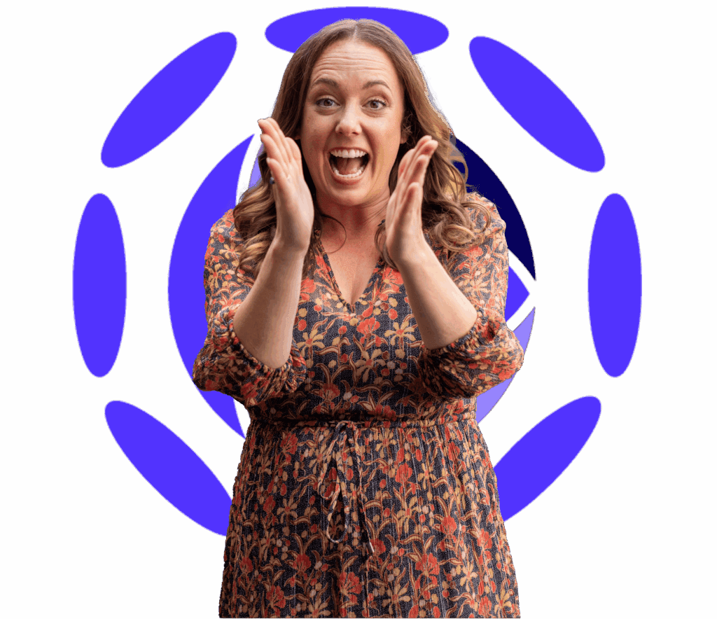 Excited woman with hands up in front of a blue circular logo for Mentor Table Book A Call