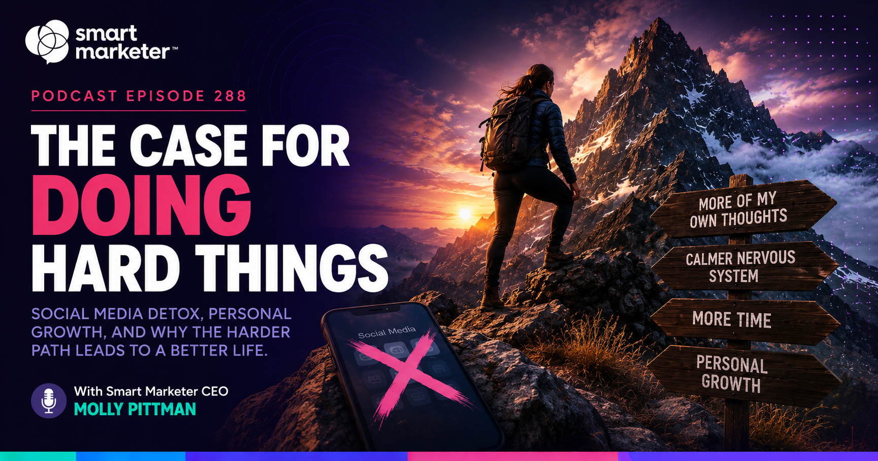Podcast cover: "The Case for Doing Hard Things" with Molly Pittman, mountain climber and signposts.