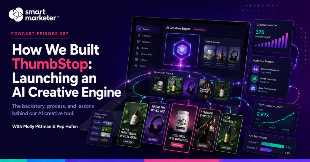 Smart Marketer's ThumbStop AI creative engine interface showing ad concepts, audience avatars, and performance metrics.