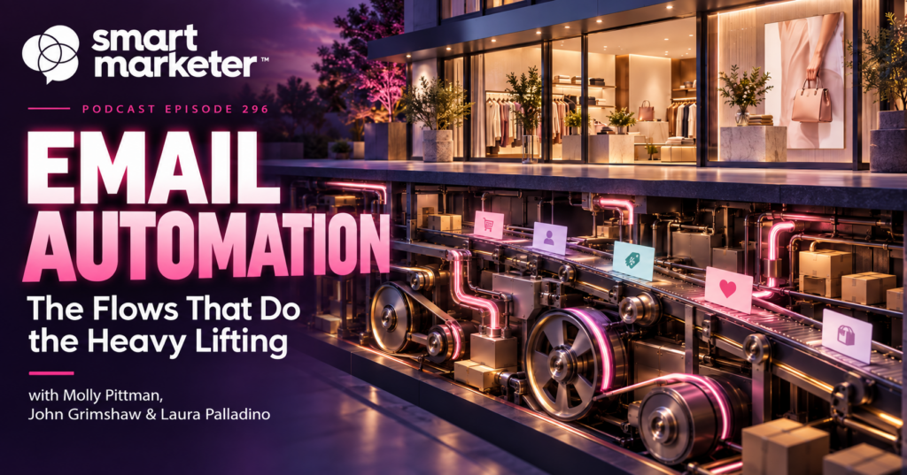 Smart Marketer podcast cover: Email Automation flows with icons of shopping cart, laptop, heart, scale.
