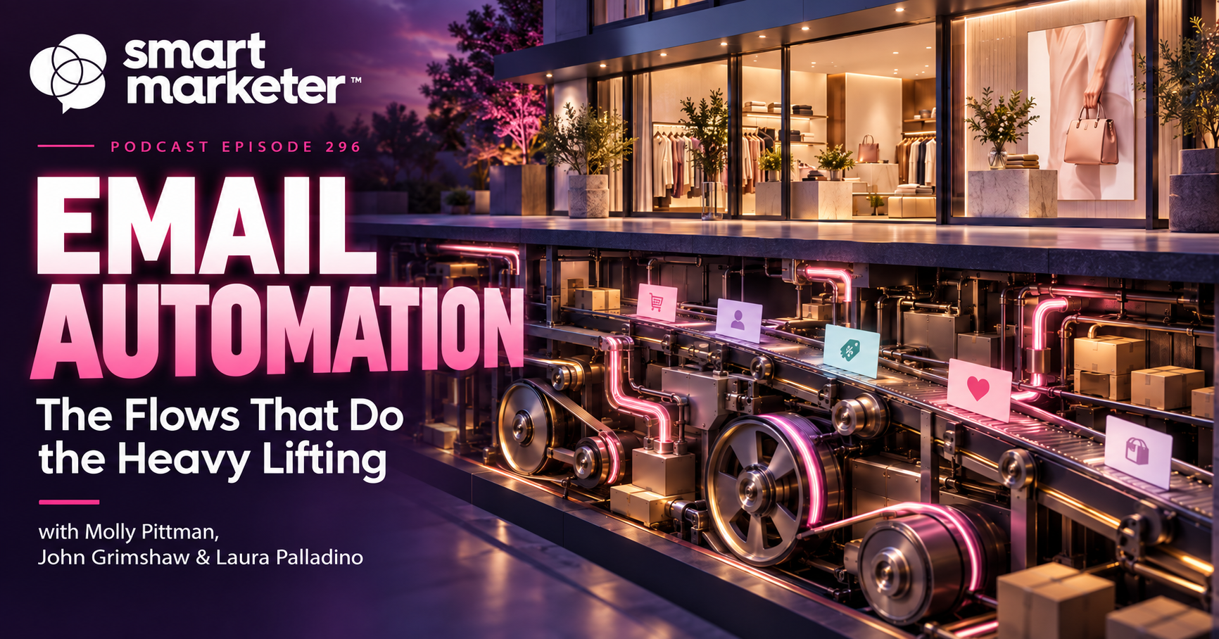 Smart Marketer podcast cover: Email Automation flows with icons of shopping cart, laptop, heart, scale.