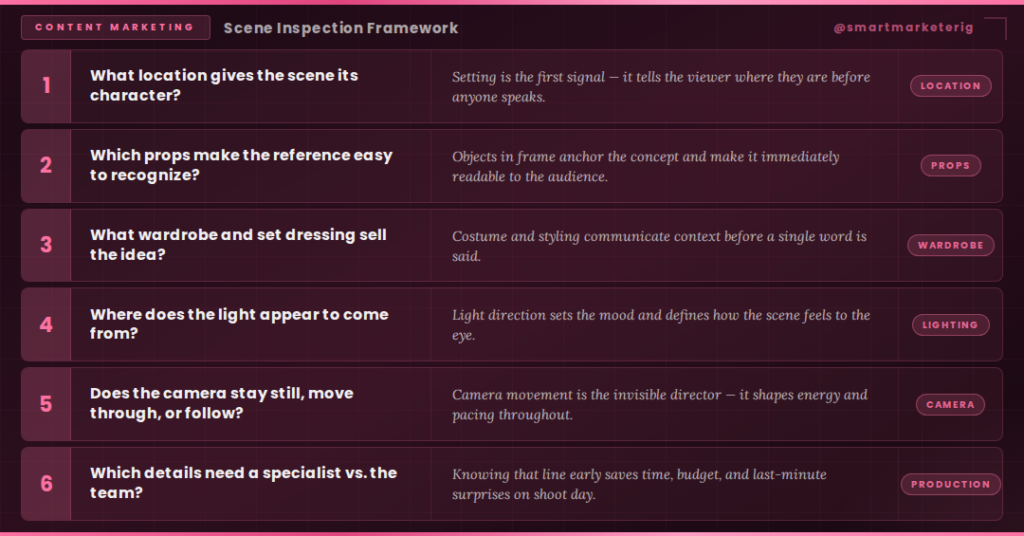 Scene Inspection Framework: Location, props, wardrobe, lighting, camera, production.